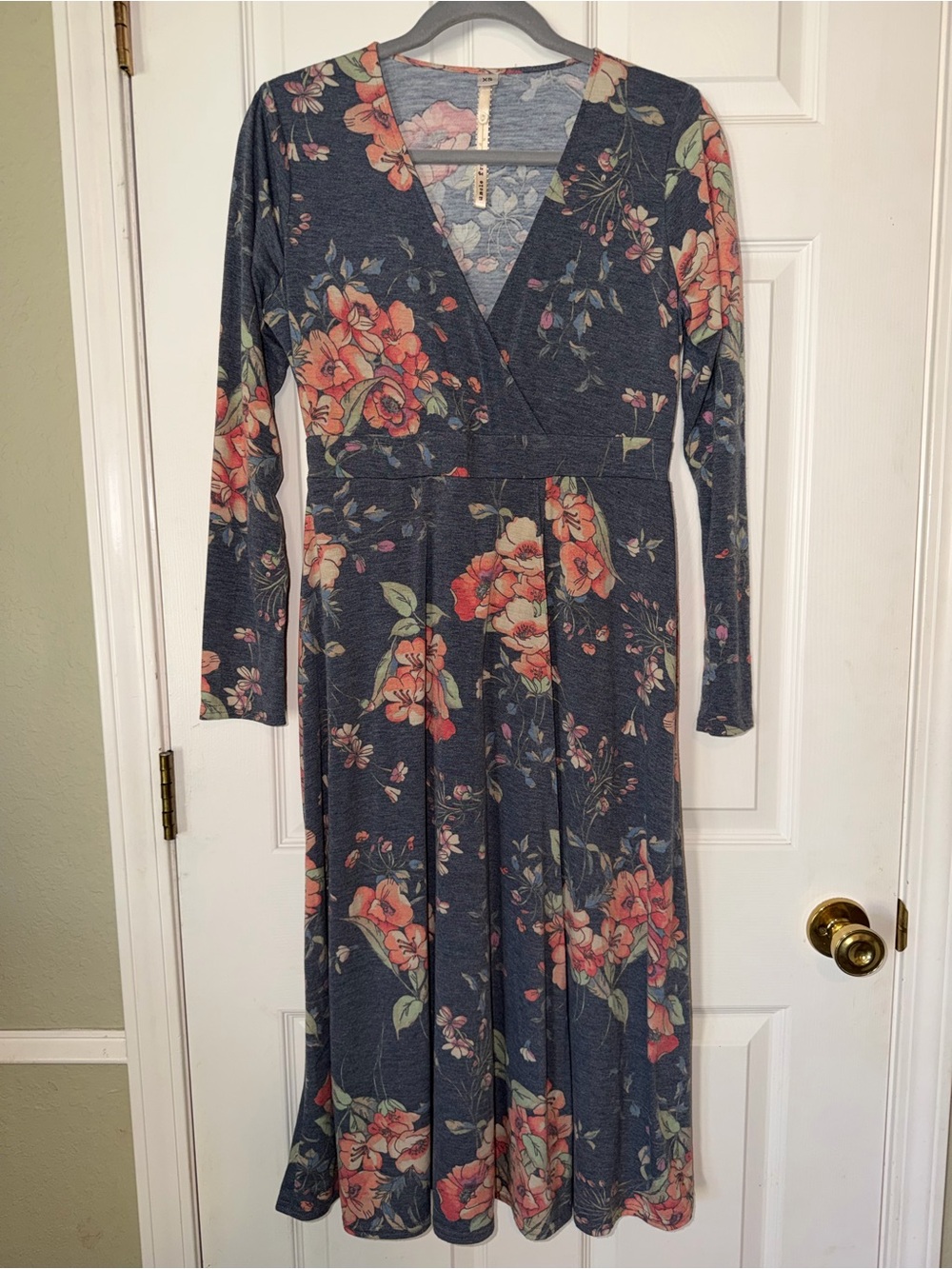 Uncle Frank Navy Floral Long Sleeve Midi Dress with Coral Blooms
